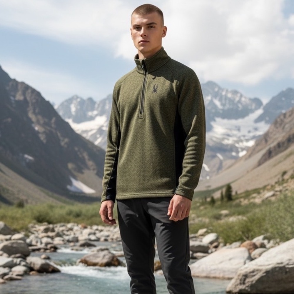 Spyder Mens 1/4 Zip Pullover Fleece Sweater Olive Green Black Size M 1299040